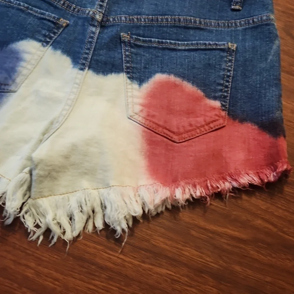 CP Shorts Womens Senim Jean Button Up Size 7 Juniors Fray Red White Blue Denim